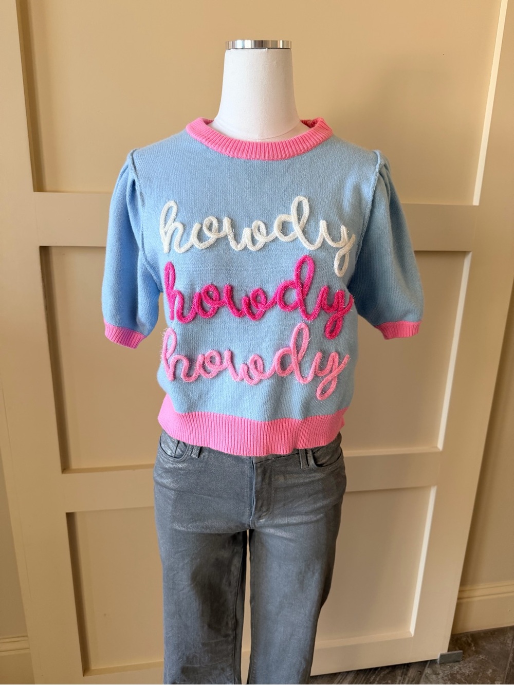 Peach Love California Blue Sweater Top with Pink Trim